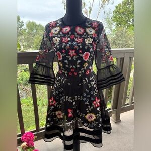 Frock and Frill Floral Embroidered Skater Dress size 10 Ruffled and Sheer Cuffs